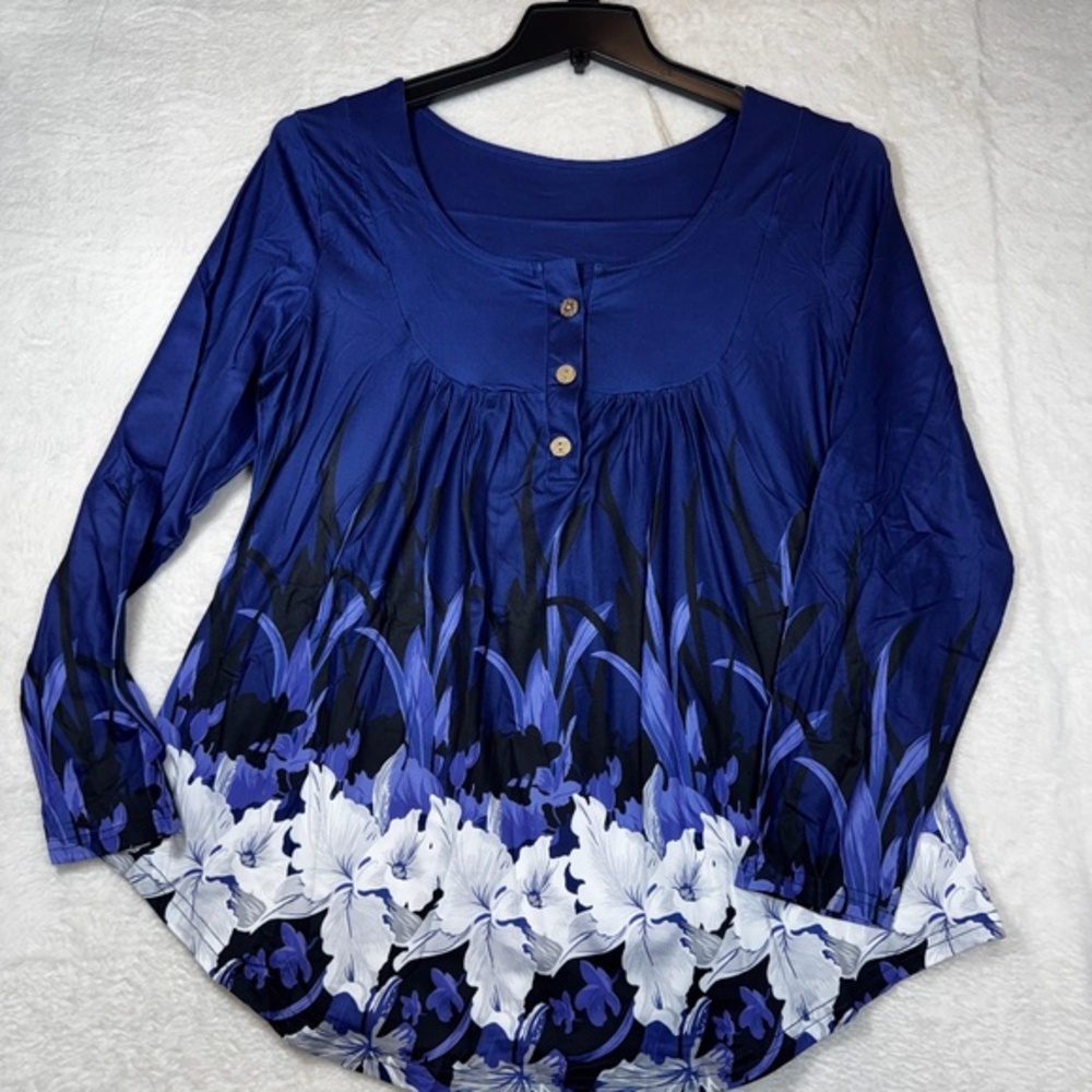Blouse Womens Size Large Blue Floral Button Casual Ruffle Lightweight Preppy